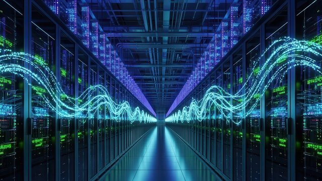 Server room data flow with blue and green digital waves in futuristic lighting for technology background. - Powered by Adobe