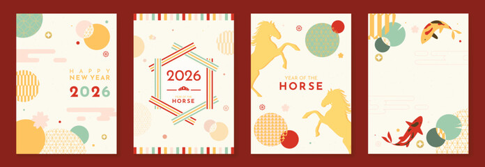 Happy New Year 2026 greeting card vector illustration with Japanese pattern background and Year of the Horse design in red, green, and gold. Minimal festive template for invitations and poster. © TWINS DESIGN STUDIO