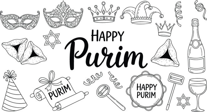 Happy Purim vector icon set with hand drawn line art of masks hamantaschen cookies noisemakers and festive holiday symbols.
