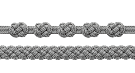Extreme macro close-up of an intricately braided uniform medium grey textile cord with five X-shaped knots and a diamond border, on a transparent background with copy space, concept of exquisite