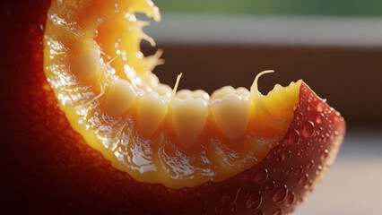 A close-up of a partially eaten orange slice with visible segments and juice