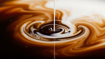 Macro shot of milk swirling into coffee, creating a delicious abstract texture and fluid motion.