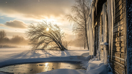 Frozen landscape with a serene winter scene near an old brick building at sunrise
