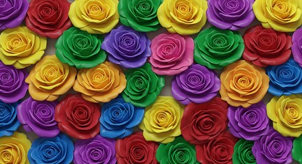 Vibrant multicolored roses in a dense floral arrangement with various colored blooms