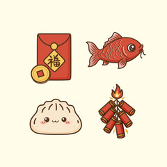 Lunar New Year Symbols: Vibrant illustrations of lucky symbols, including a red envelope, coin, dumpling, fish and firecrackers
