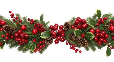 Garland with glossy red berries, scarlet fruits, rustic pine cones, emerald fir leaves, on white background, festive winter holiday atmosphere