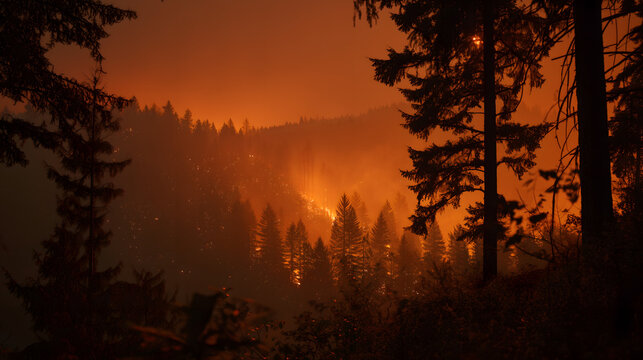 Wildfire flames burning through dense forest at night