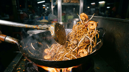 Char Kway Teow Noodles Being Stir-Fried with Shrimp and Clams in a Wok Over Flames