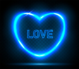 Blue neon heart-shaped frame, heart shape on dark background. A glowing heart for holiday cards, banners, invitations. Vector illustration.