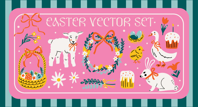 Easter holiday concept vector stickers design elements set. Collection of groovy funky cartoon illustration of white bunny, lamb, eggs, chick, traditional food, wreath, spring flowers, ostara