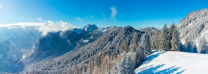 Chiemgau alps at Unterberg Alm, Ruhpolding covered in fresh powder snow