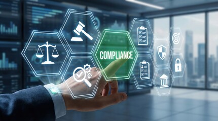 Businessman selecting compliance on virtual screen,holographic law icons including scale,gavel,shield,checklist,data protection,corporate governance