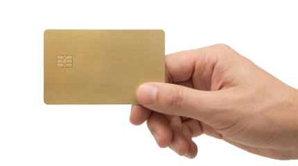 Male hand holding blank gold credit card with chip isolated on transparent background