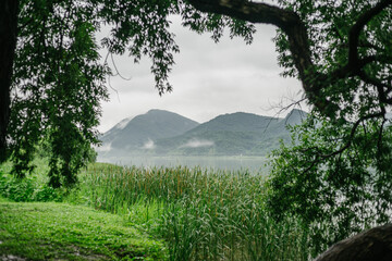 Misty mountain landscape over a calm river with green reeds