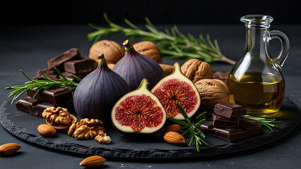 A beautifully arranged still life of fresh figs, nuts, and chocolate on a black slate plate with a jug of oil
