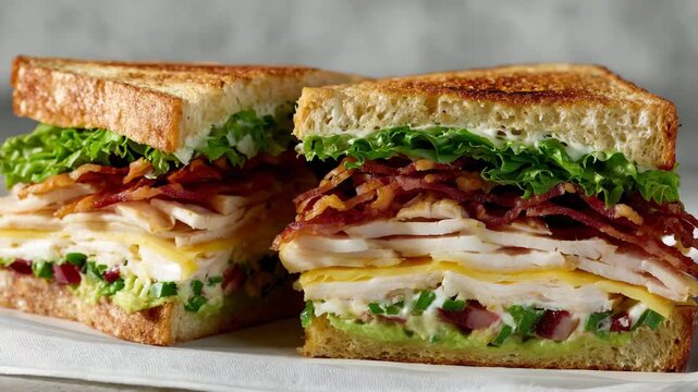 Club sandwich with turkey bacon avocado on toasted bread, stacked gourmet lunch concept, clean minimal food photography ideal for cafe menu and culinary branding