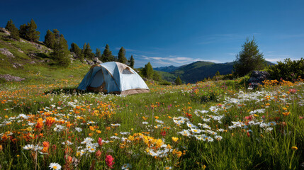 Camping adventure in scenic mountain meadow vibrant wildflowers nature photography serene landscape