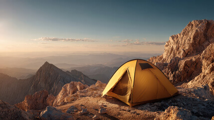 Camping adventure at sunrise mountain peak scenic photography natural environment wide angle outdoor serenity