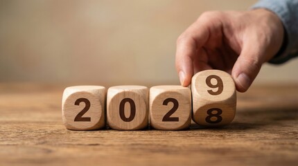 Hand flipping wooden cube to change year from 2028 to 2029,concept of new year transition,calendar,holiday,planning,resolution,future and time management