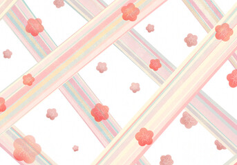 Modern Japanese Lattice Pattern with Pastel Plum Blossoms - Soft Pink and Blue Wafuu Background