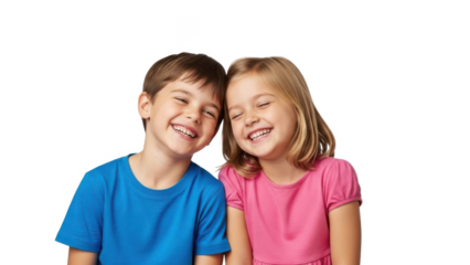A happy boy and girl standing together on transparent background
