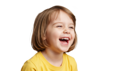 A young girl laughing joyfully on transparent background