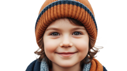 A young boy wearing an orange beanie and scarf on transparent background