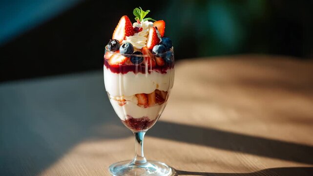 Fruit parfait yogurt berries glass wooden table fresh healthy dessert concept, layered breakfast treat, clean minimal food photography for nutrition wellness branding