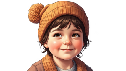 A smiling young boy wearing a warm orange beanie on transparent background
