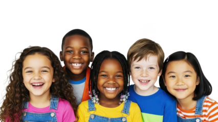 A diverse group of happy children standing together on transparent background