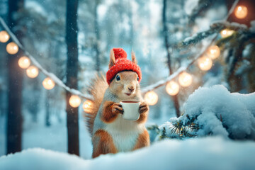Cheerful squirrel in red hat drinks warm cocoa in snowy forest against backdrop of lights