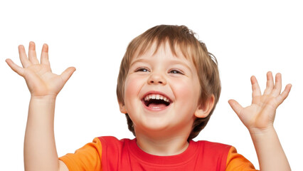 A young boy with his hands raised in excitement on transparent background