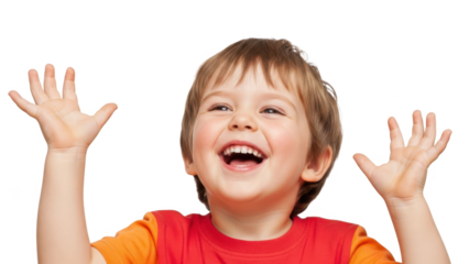 A young boy with his hands raised in excitement on transparent background