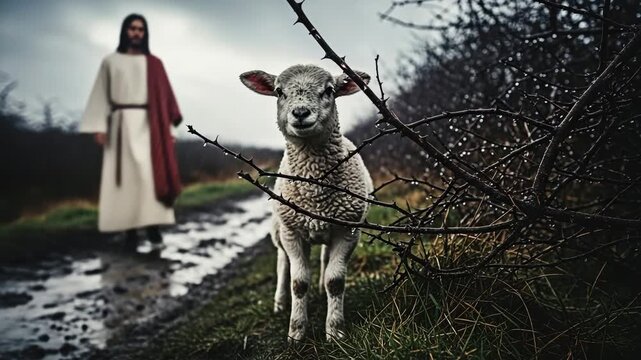 Video of Jesus and a sheep for a religious metaphor of divine protection