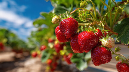 Harvesting fresh strawberries farm field close-up photography sunny environment natural beauty organic farming