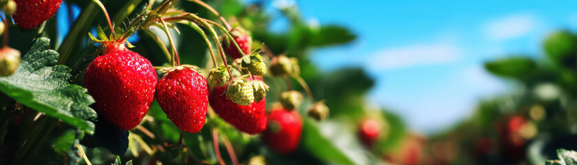 Harvesting fresh strawberries in a vibrant field close-up photography sunny day organic farming concept