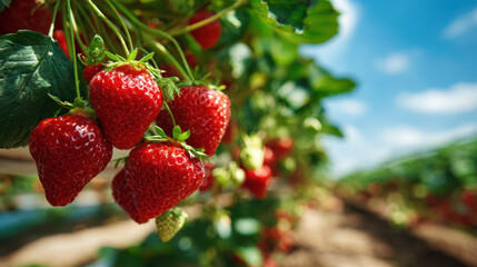 Harvesting ripe strawberries sunny field agriculture photography vibrant environment close-up view organic farming concept