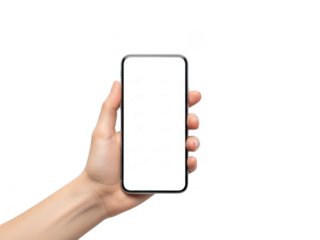 Hand holding blank smartphone isolated on transparent background