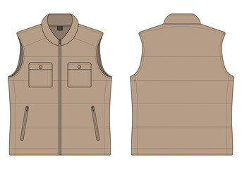 Technical drawing of padded vest with zipper front and back view