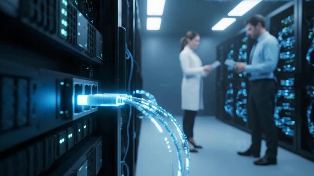 IT professionals monitoring secure server racks with dynamic digital data flow, symbolizing advanced network infrastructure and technological management in a modern data center