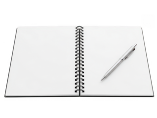 Open notebook with pen isolated on transparent background