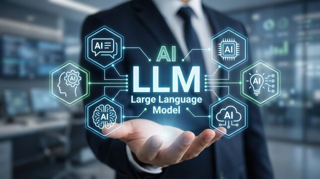 Businessman presenting artificial intelligence concept of large language models with glowing AI icons and futuristic interface - Powered by Adobe