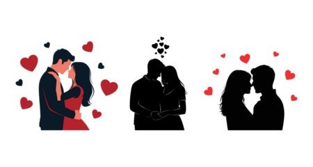 Happy Valentine’s Day Romantic Couple Silhouette Love Hearts Valentine Illustration Set