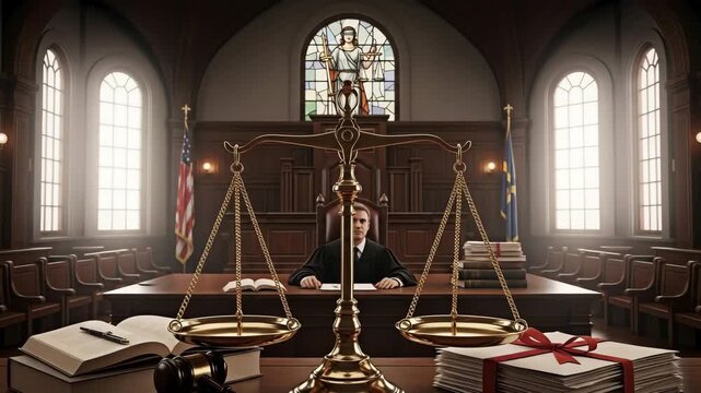 A solemn scene inside a courtroom featuring scale of justice for the concept of law and justice.