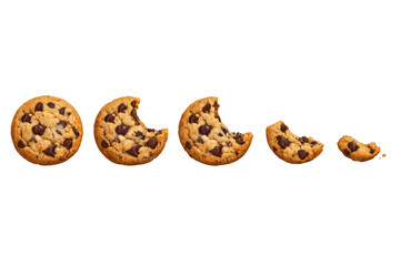 Chocolate chip cookie disappearing sequence showing progressive bites on sweet snack, delicious dessert food eating process