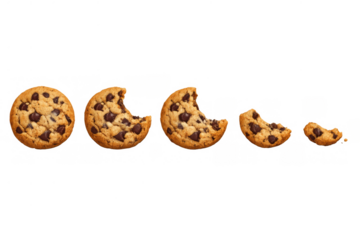 Chocolate chip cookie disappearing sequence showing progressive bites on sweet snack, delicious dessert food eating process