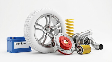 Assortment of Car Parts Including Tire, Battery, Brake, Spring, and Turbo automotive components
