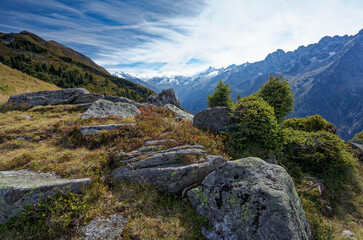 Obraz premium Hochgebirgslandschaft auf dem Ahornmassiv und Stillupgrund im Hochgebirgsnaturpark Zillertaler Alpen, Tirol, Österreich