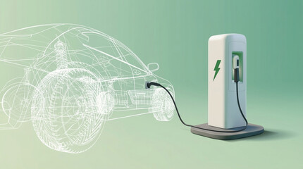 Electric Car Charging Station with Wireframe Vehicle Outline charger plug
