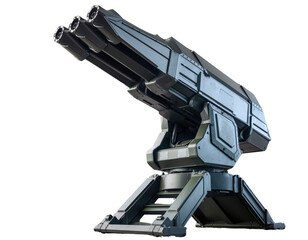 Futuristic, multi barrel turret gun with sleek, metallic design, mounted sturdy base, showcasing advanced technology and engineering. weapon appears ready for action, emphasizing power